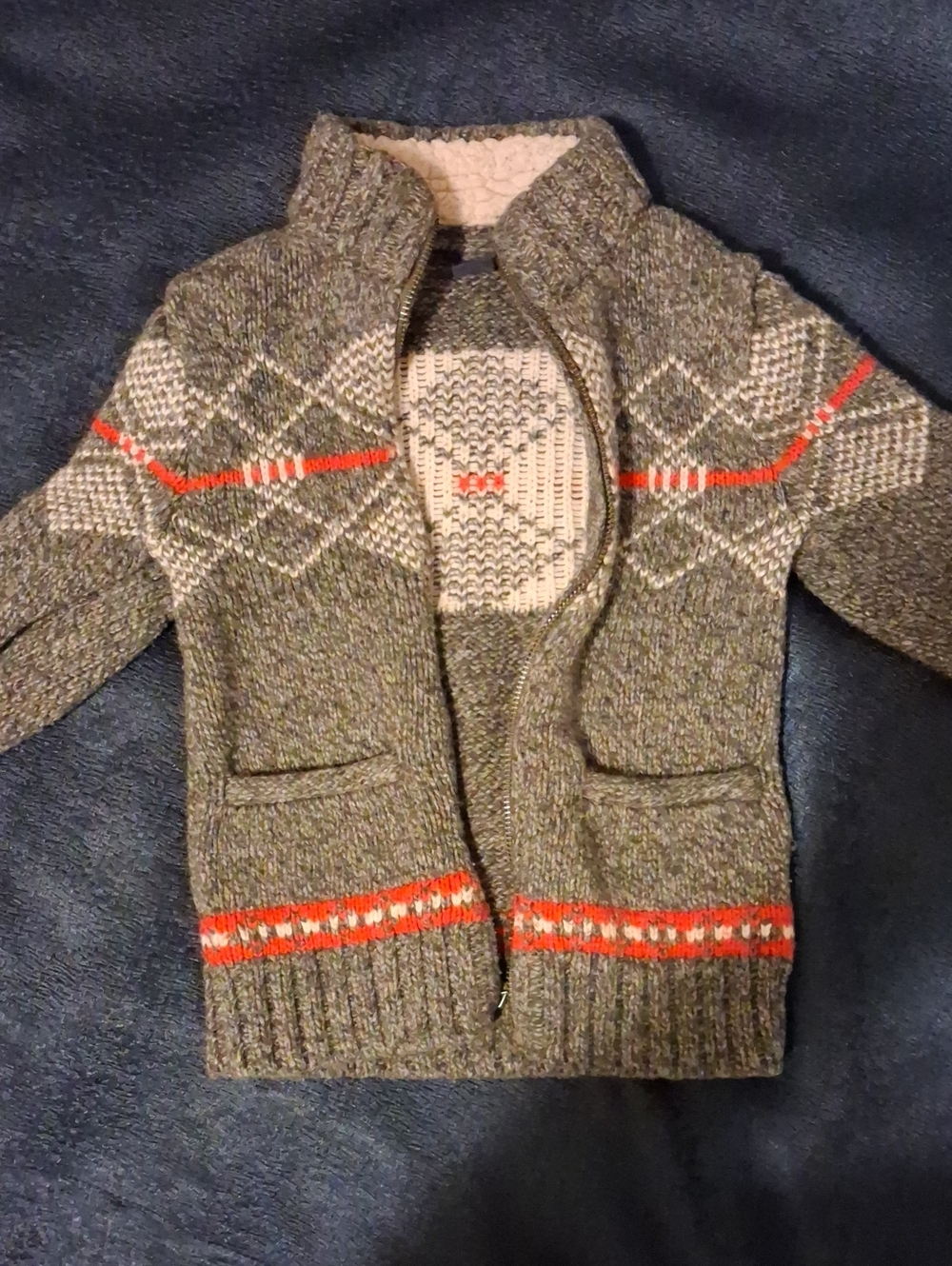 BABY GAP Gray Knit Zip-Up Sweater with Red Stripes